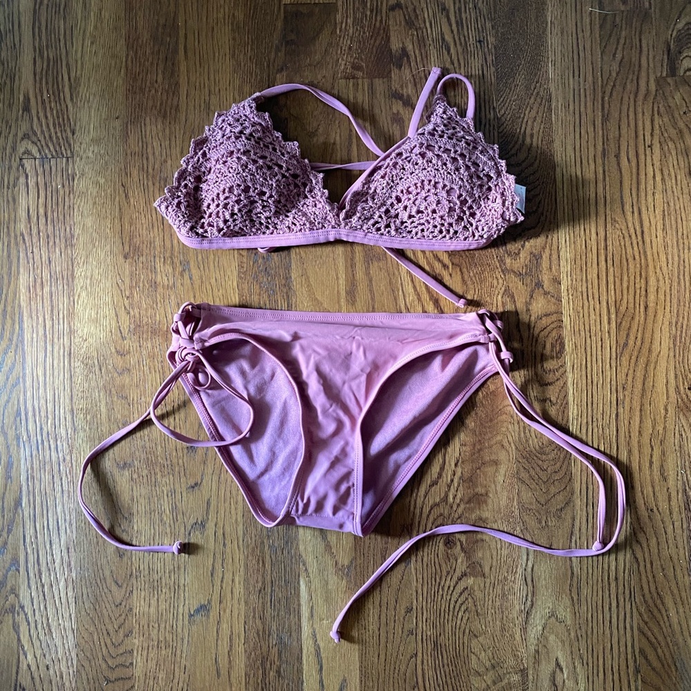Blush colored bikini with crochet detail